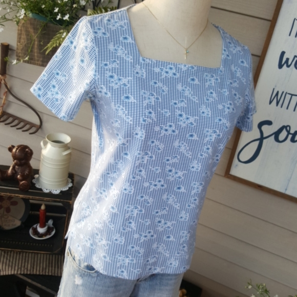 LIZ CLAIBORNE ♡ Sweet Vintage Blue|White Floral Box Pattern Short Sleeve Top SP - Picture 5 of 16